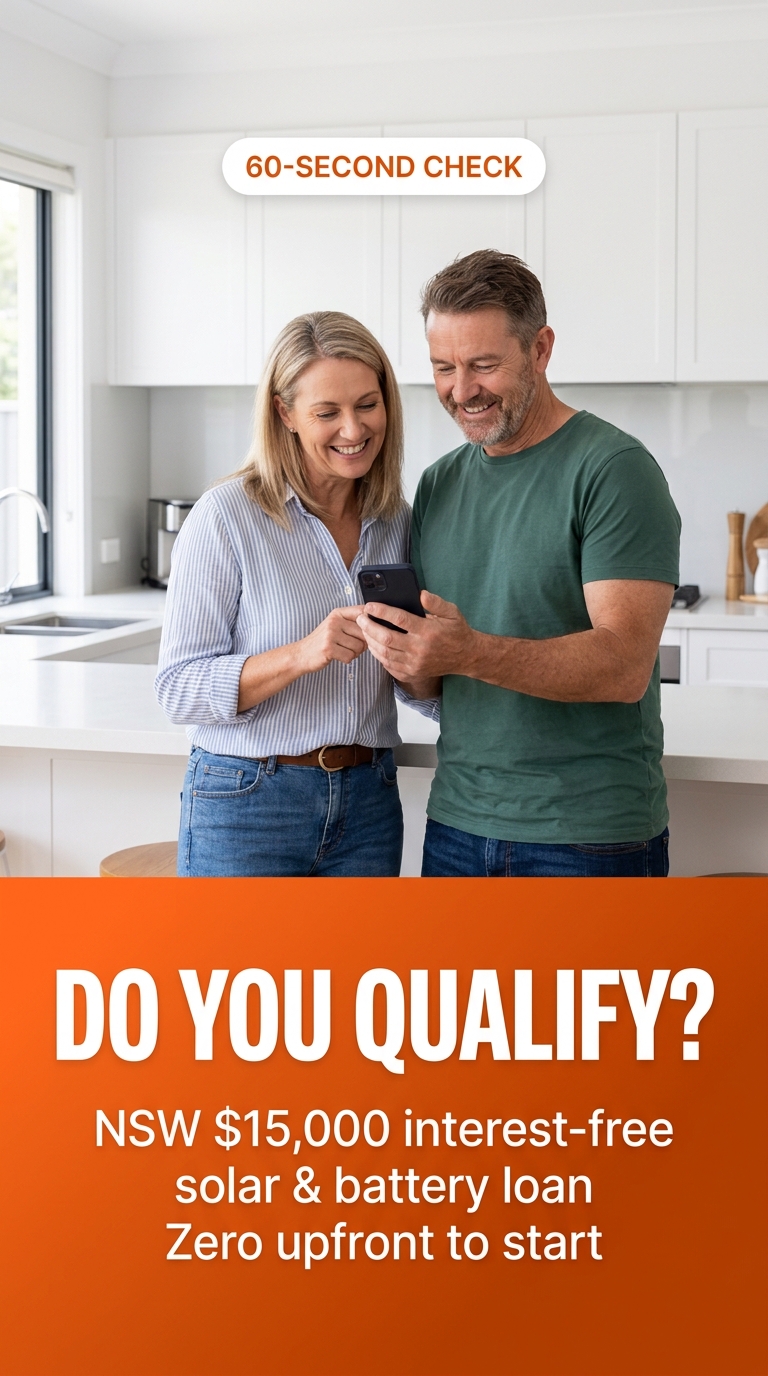 Relaxed NSW homeowner couple in a bright modern kitchen checking a phone together