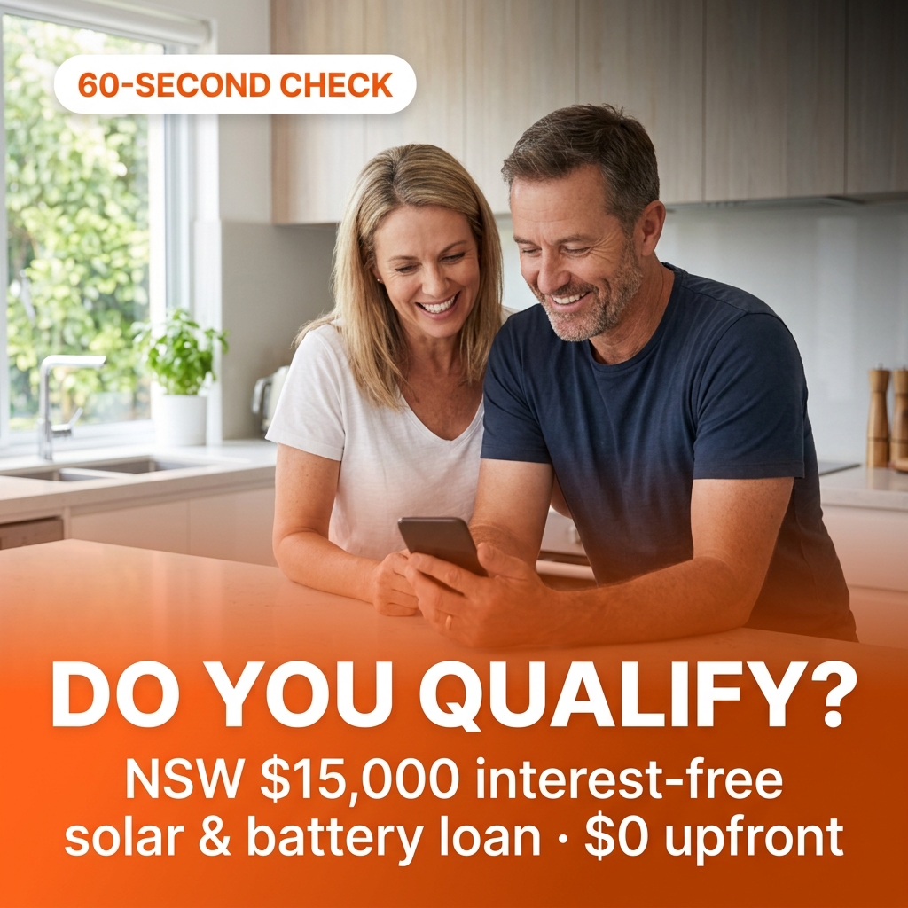 Relaxed NSW homeowner couple in a bright modern kitchen checking a phone together