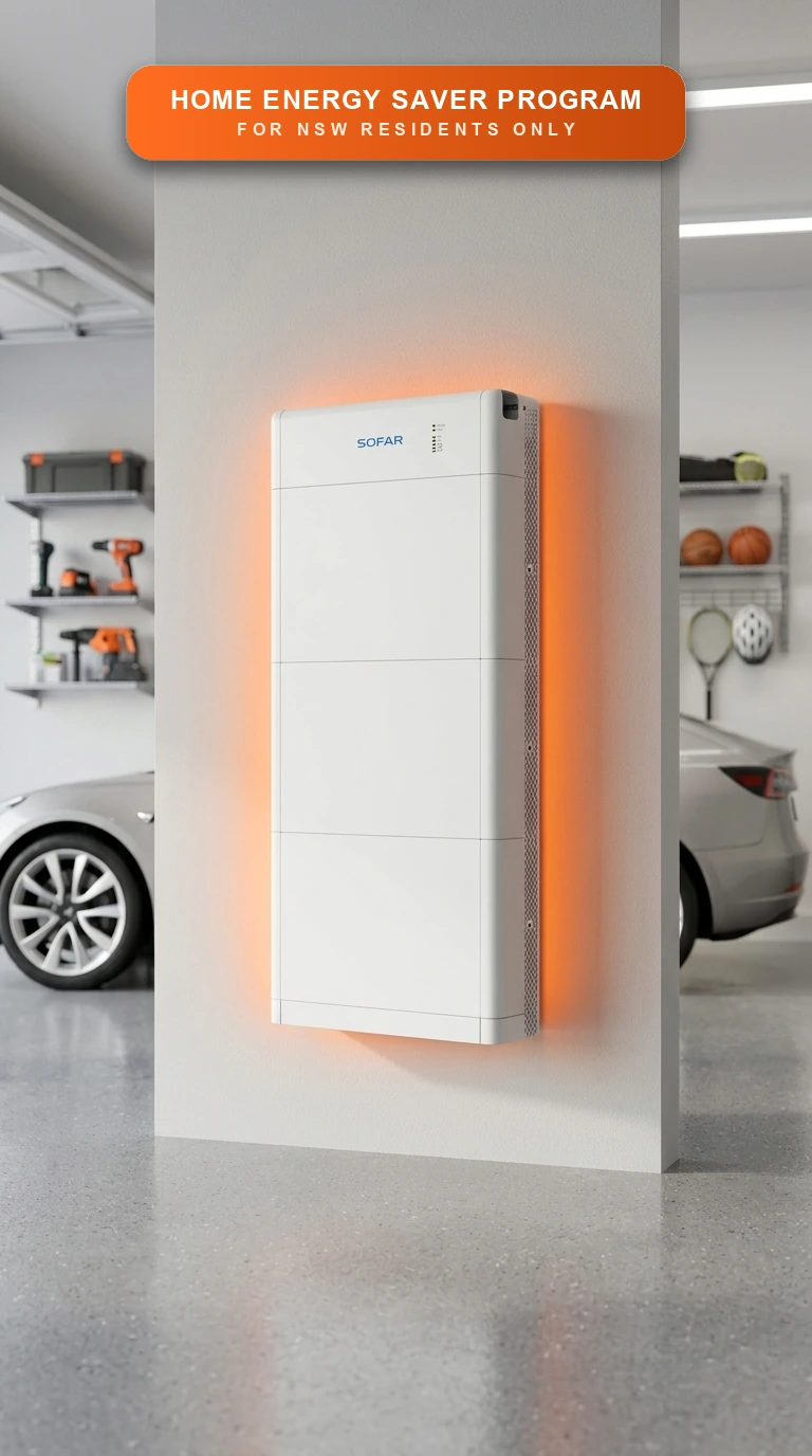SOFAR home battery wall-mounted on a modern NSW home with solar panels above