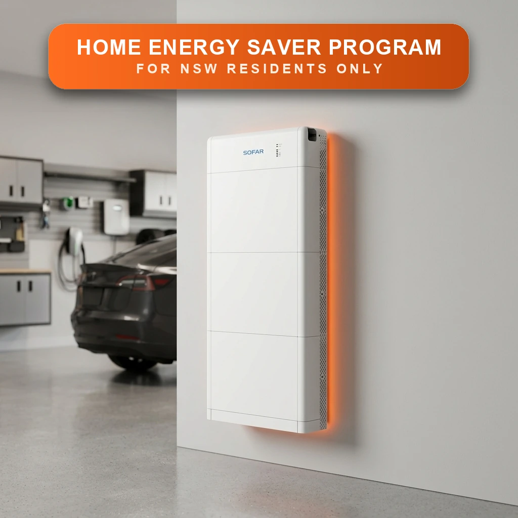 SOFAR home battery wall-mounted on a modern NSW home with solar panels above