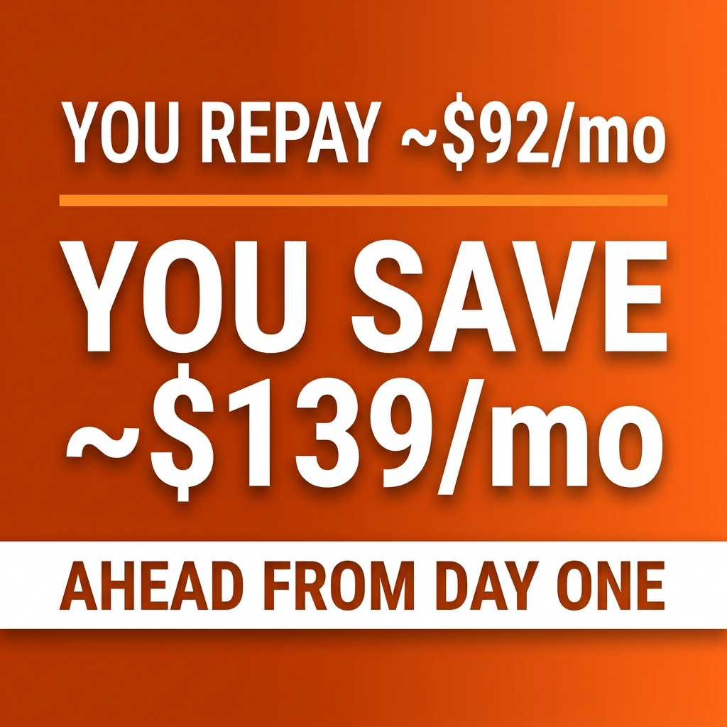 Bold orange graphic: You repay ~$92 a month versus You save ~$139 a month, ahead from day one