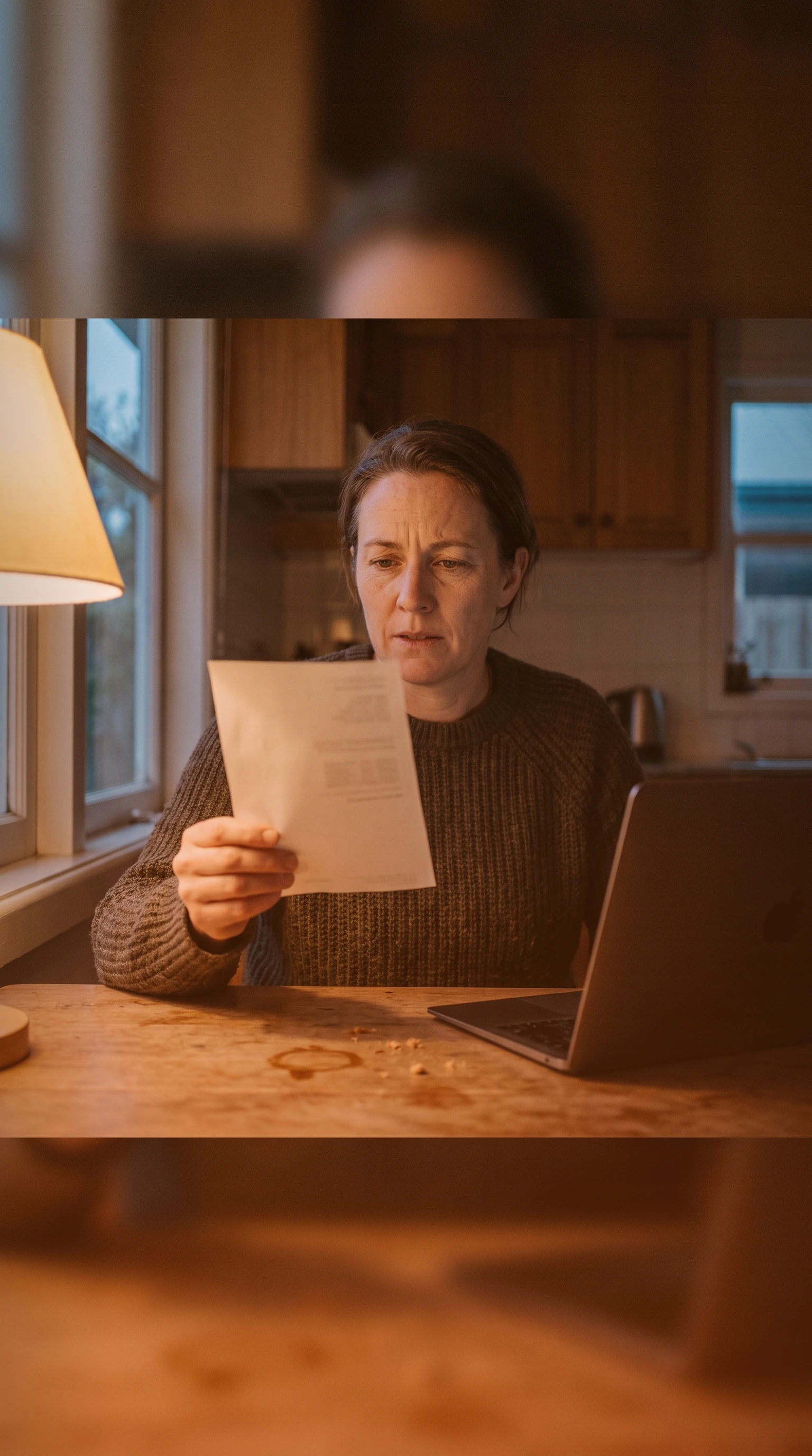 NSW homeowner at a kitchen table in the evening looking with concern at a generic electricity bill