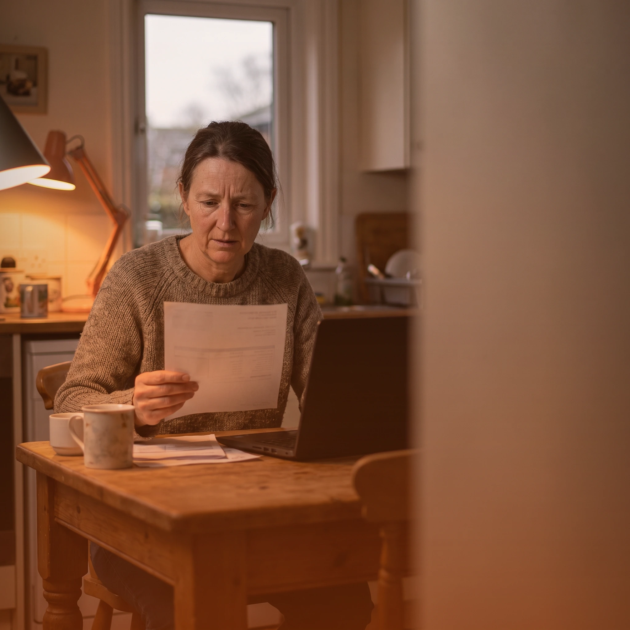 NSW homeowner at a kitchen table in the evening looking with concern at a generic electricity bill