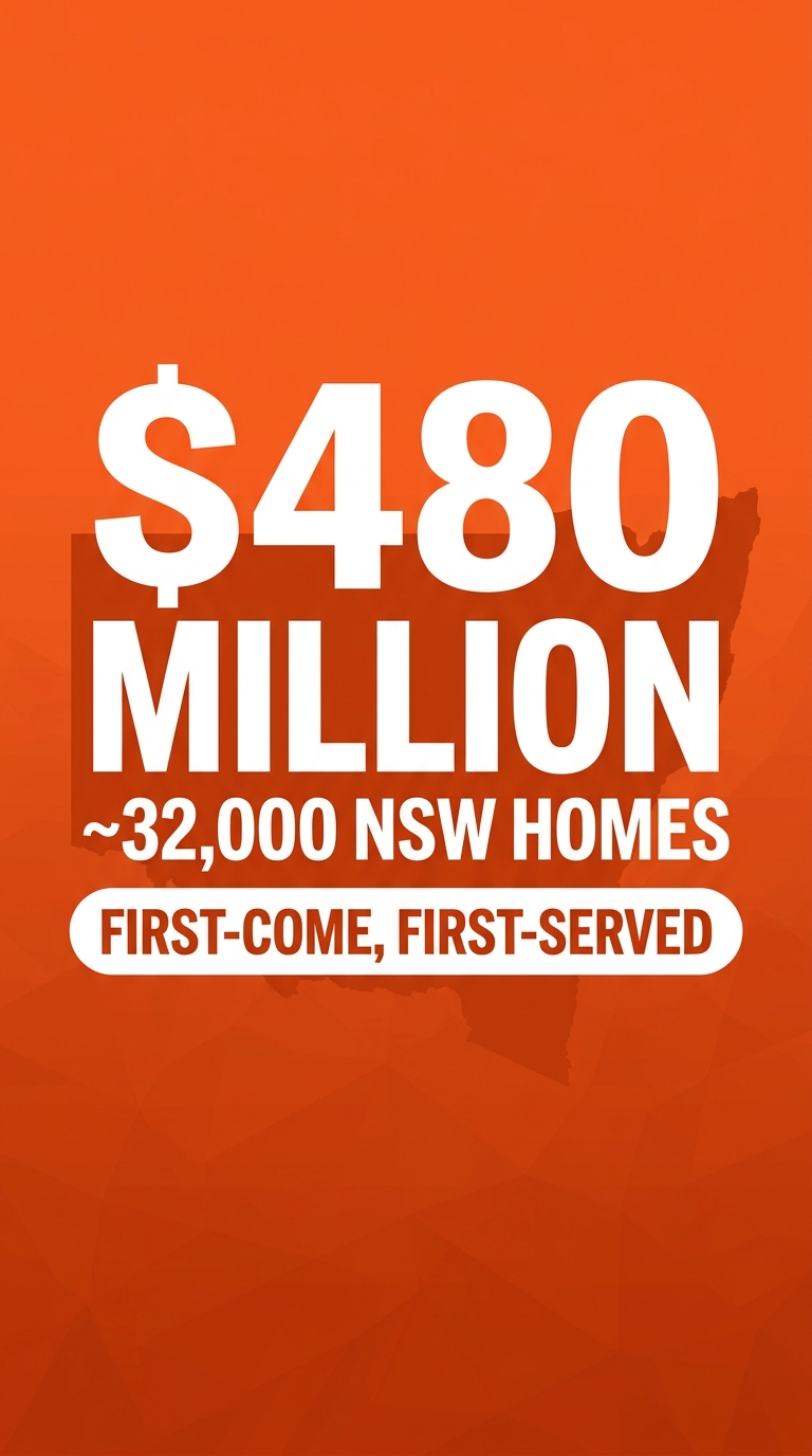 Bold orange graphic: $480 million, about 32,000 NSW homes, first-come first-served
