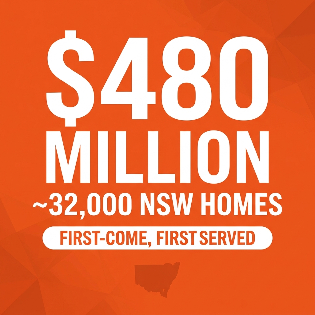Bold orange graphic: $480 million, about 32,000 NSW homes, first-come first-served