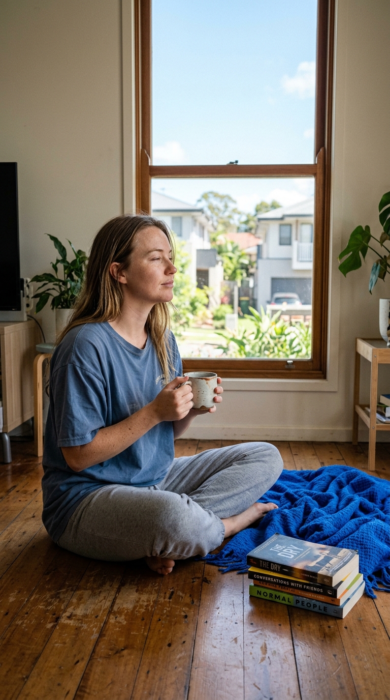 Young renter sitting by an apartment window looking out at Brisbane suburbs