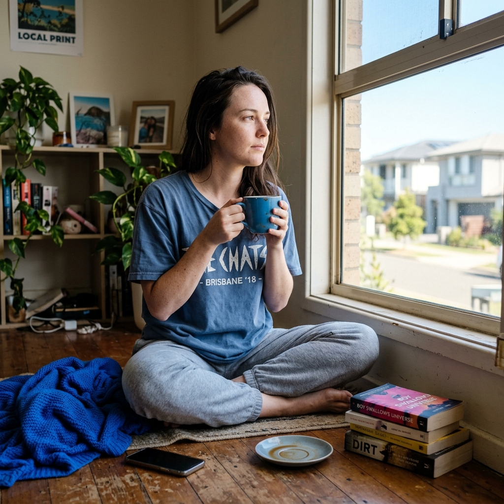 Young renter sitting by an apartment window looking out at Brisbane suburbs
