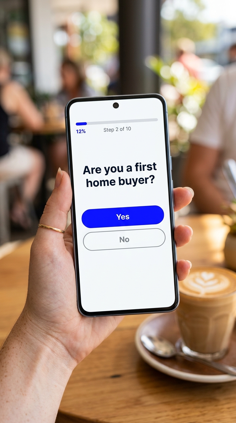 Hand holding a phone with a minimalist eligibility quiz interface on the screen