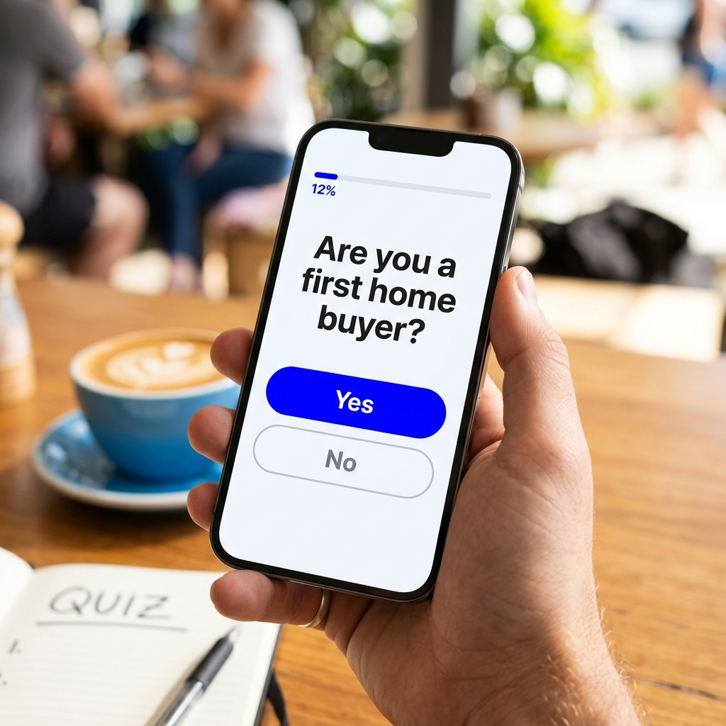Hand holding a phone with a minimalist eligibility quiz interface on the screen