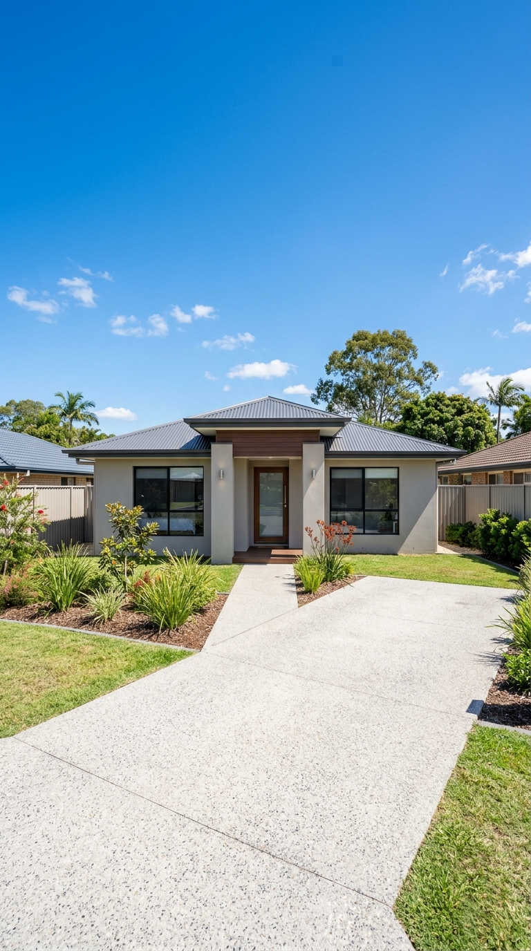 Modern modest turn-key home exterior with native landscaping under a blue Queensland sky