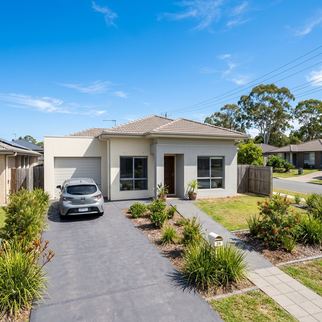 Modern modest turn-key home exterior with native landscaping under a blue Queensland sky