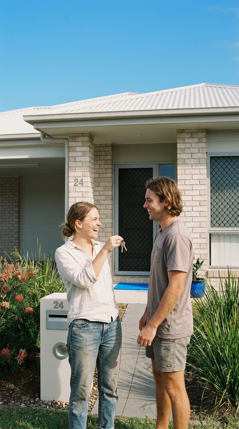 Young Australian couple on the porch of their new turn-key home holding keys