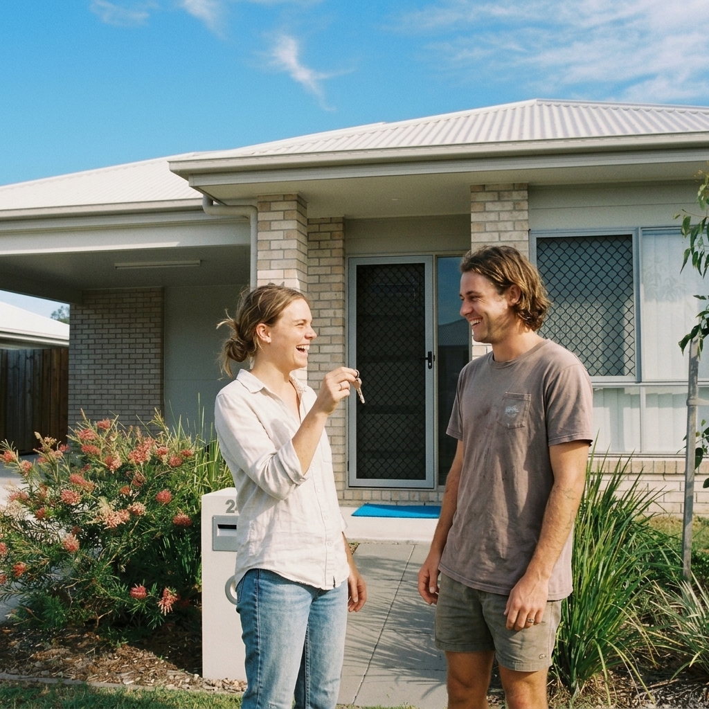 Young Australian couple on the porch of their new turn-key home holding keys