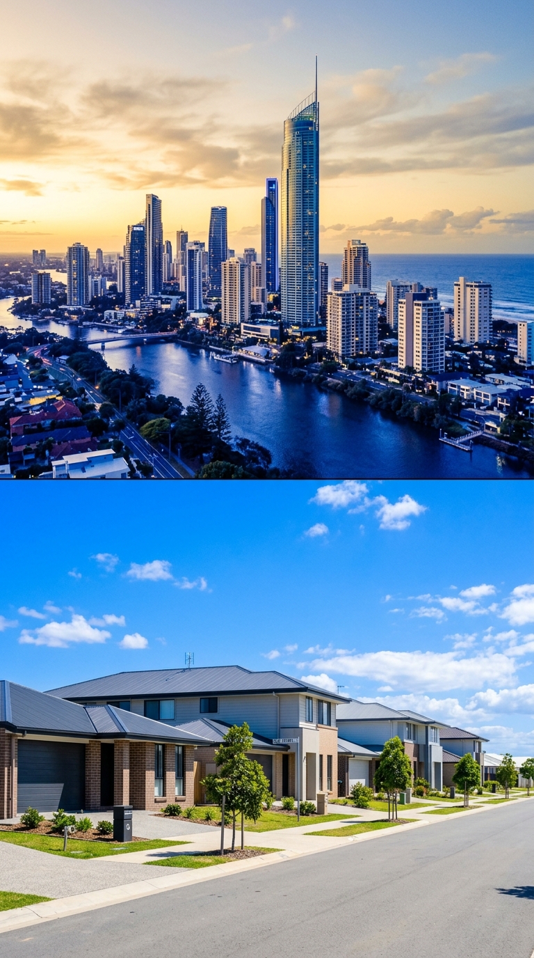Split frame of Gold Coast skyline and Brisbane suburban turn-key homes