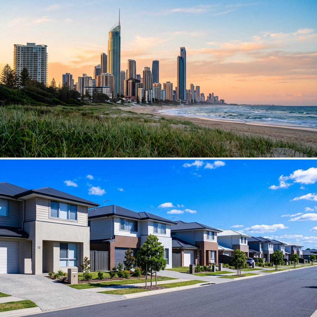 Split frame of Gold Coast skyline and Brisbane suburban turn-key homes