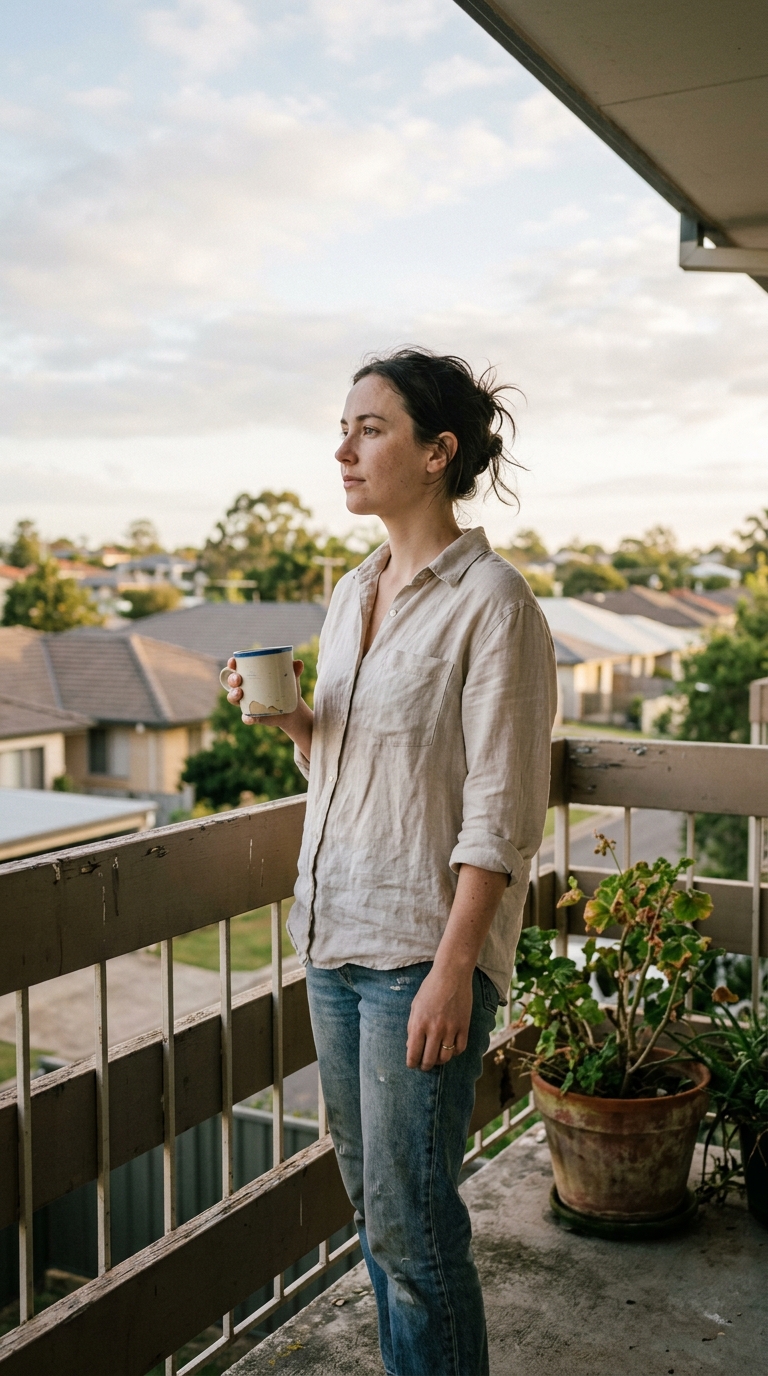 Renter on a Brisbane apartment balcony at dawn looking out at suburban homes