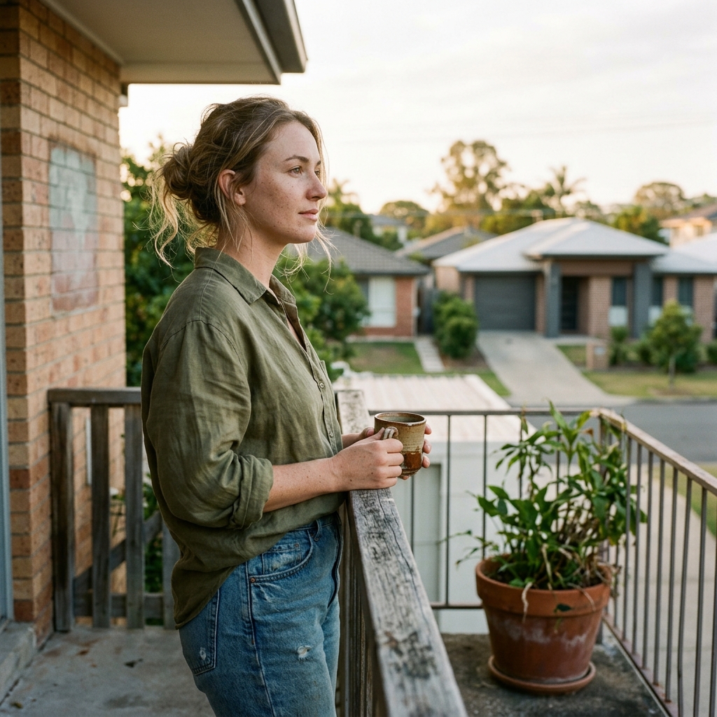 Renter on a Brisbane apartment balcony at dawn looking out at suburban homes