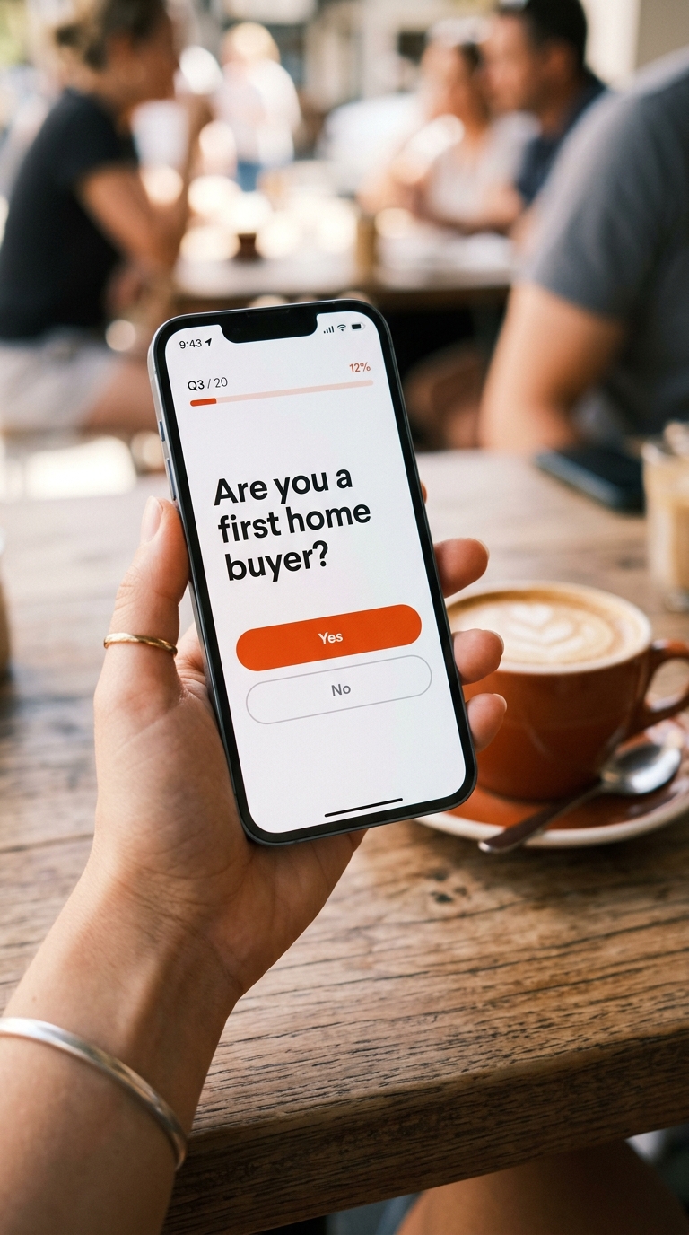 Hand holding a phone with a minimal quiz interface on the screen