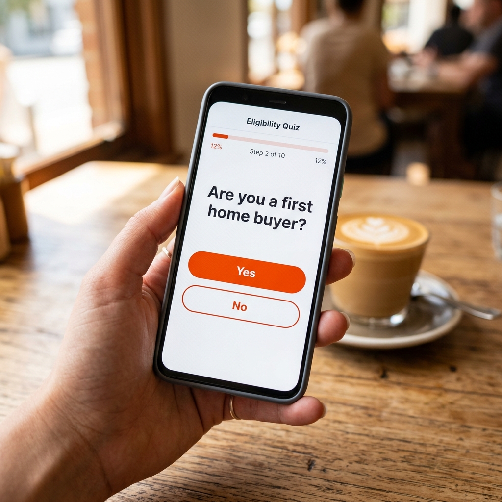 Hand holding a phone with a minimal quiz interface on the screen