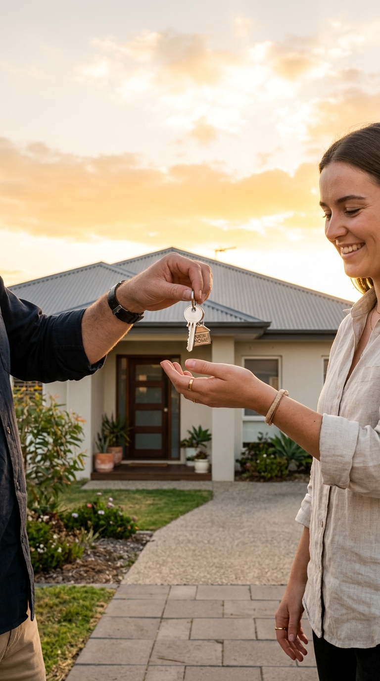 Hands receiving keys to a new turn-key home at golden hour