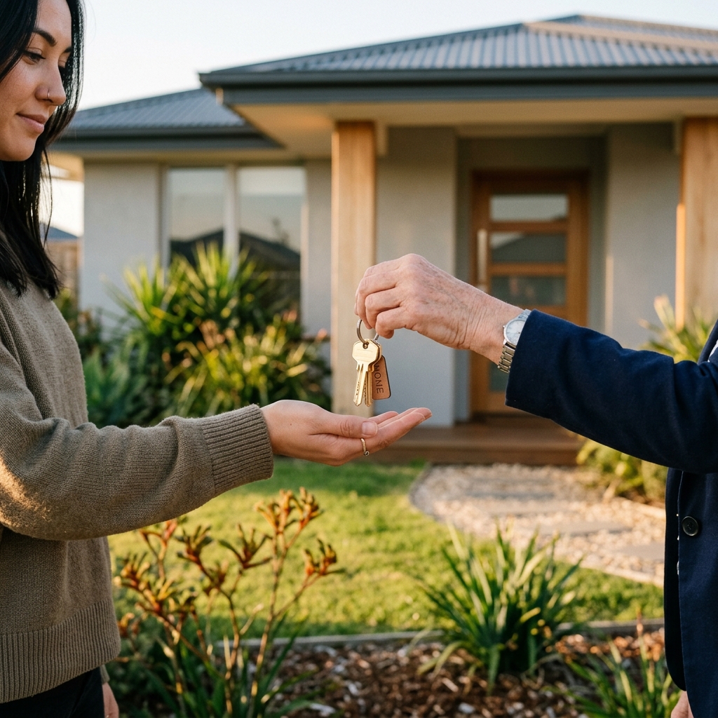 Hands receiving keys to a new turn-key home at golden hour