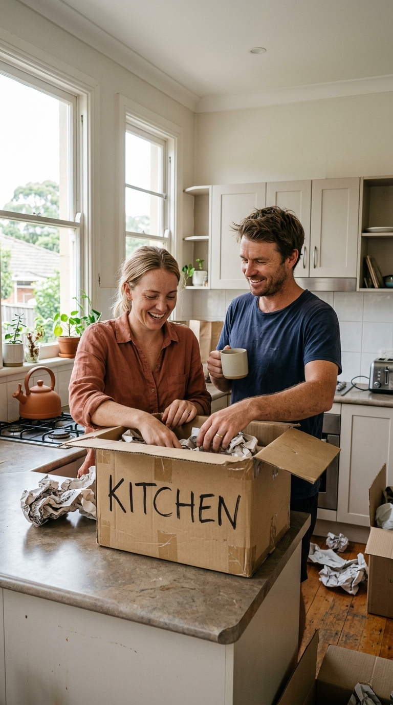 Young Australian couple unboxing in the kitchen of their new first home