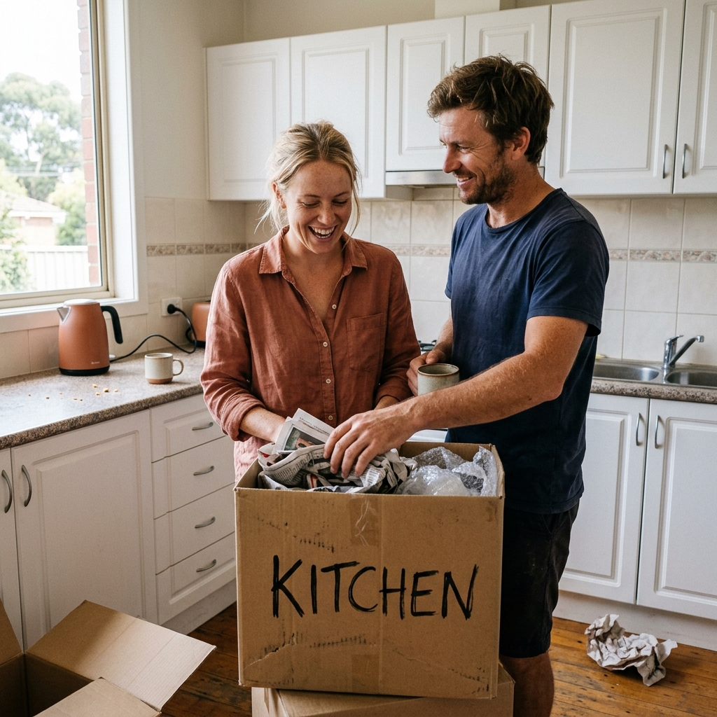 Young Australian couple unboxing in the kitchen of their new first home