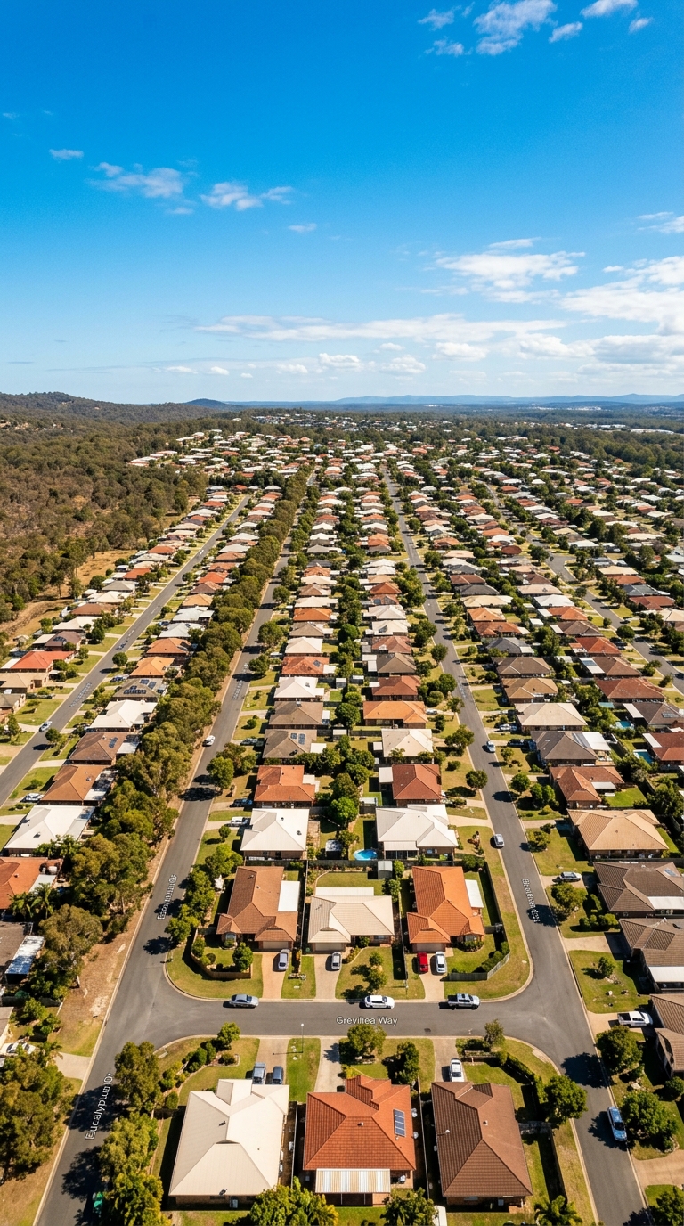 Aerial drone view of an Australian suburban subdivision with rows of turn-key homes