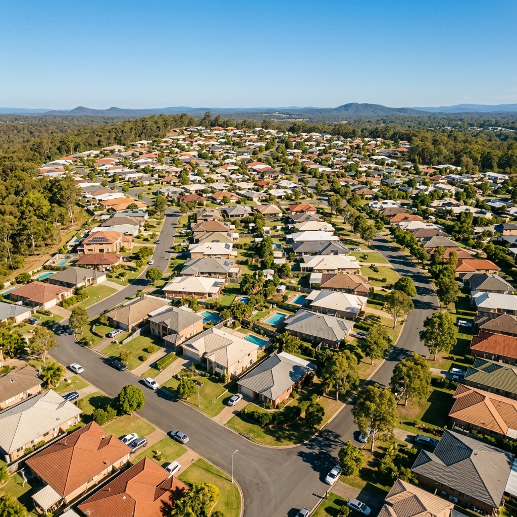 Aerial drone view of an Australian suburban subdivision with rows of turn-key homes