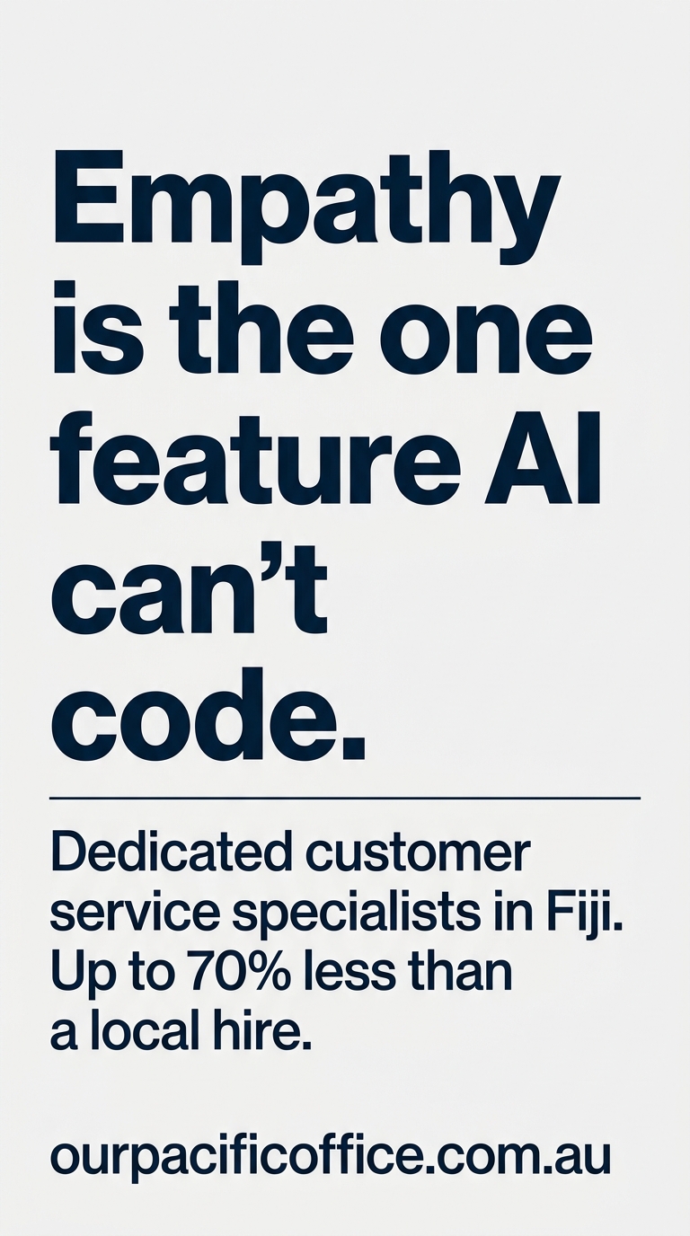 Clean editorial ad: Empathy is the one feature AI can't code