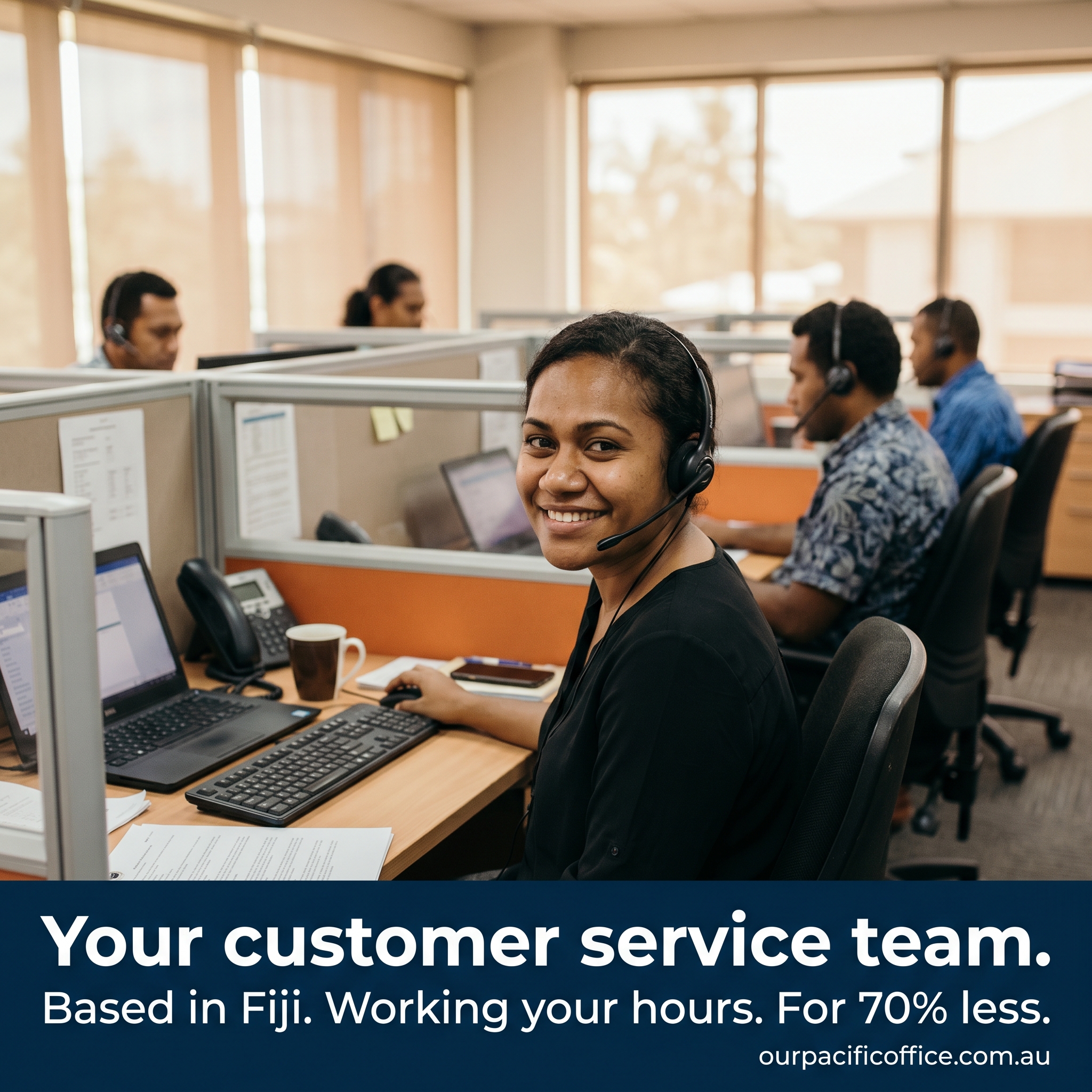 Fiji CS team at workstations: Your customer service team. Based in Fiji. Working your hours. For 70% less.