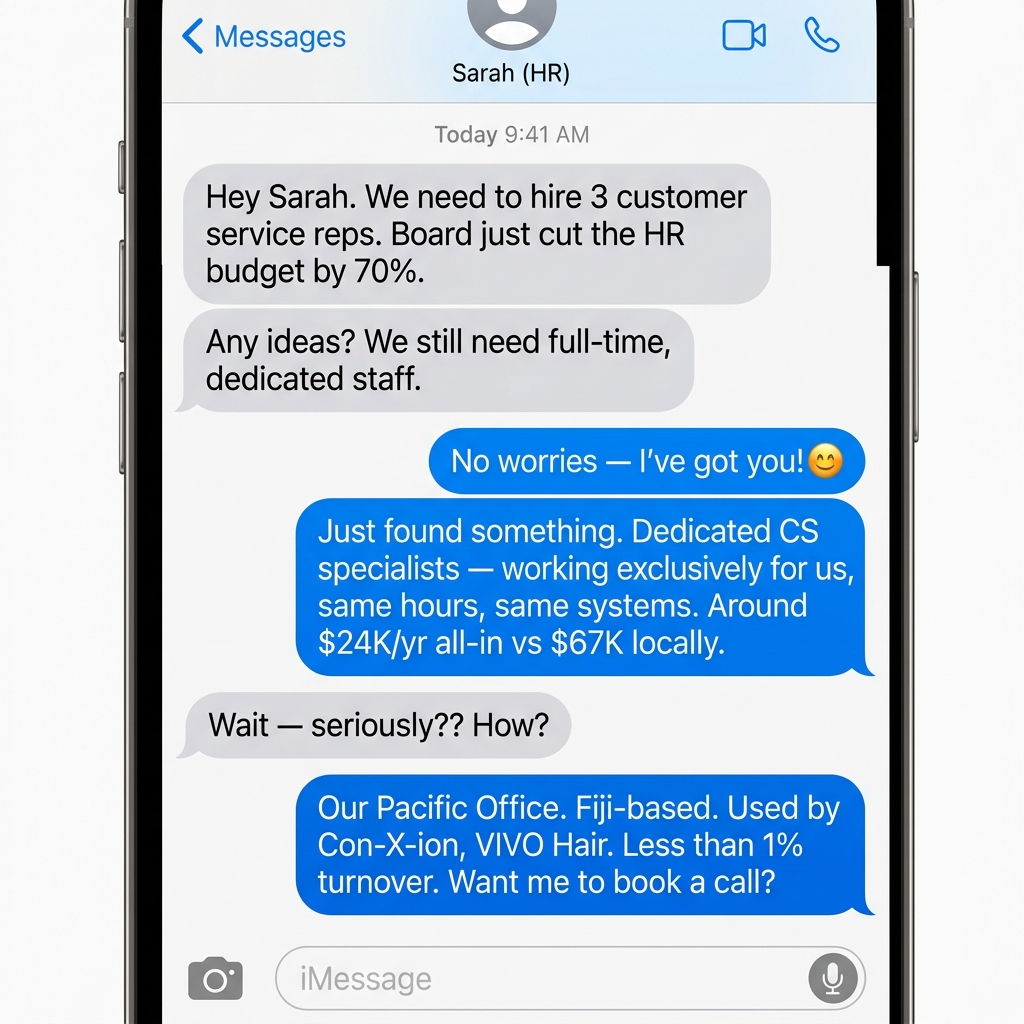 iMessage: CEO asks HR to hire CS reps with 70% budget cut. Sarah replies: No worries — I've got you!