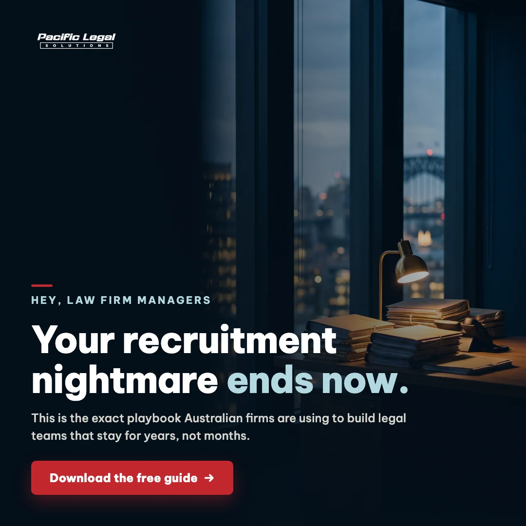 Late-night law office desk stacked with case files under a lamp; headline: Your recruitment nightmare ends now.