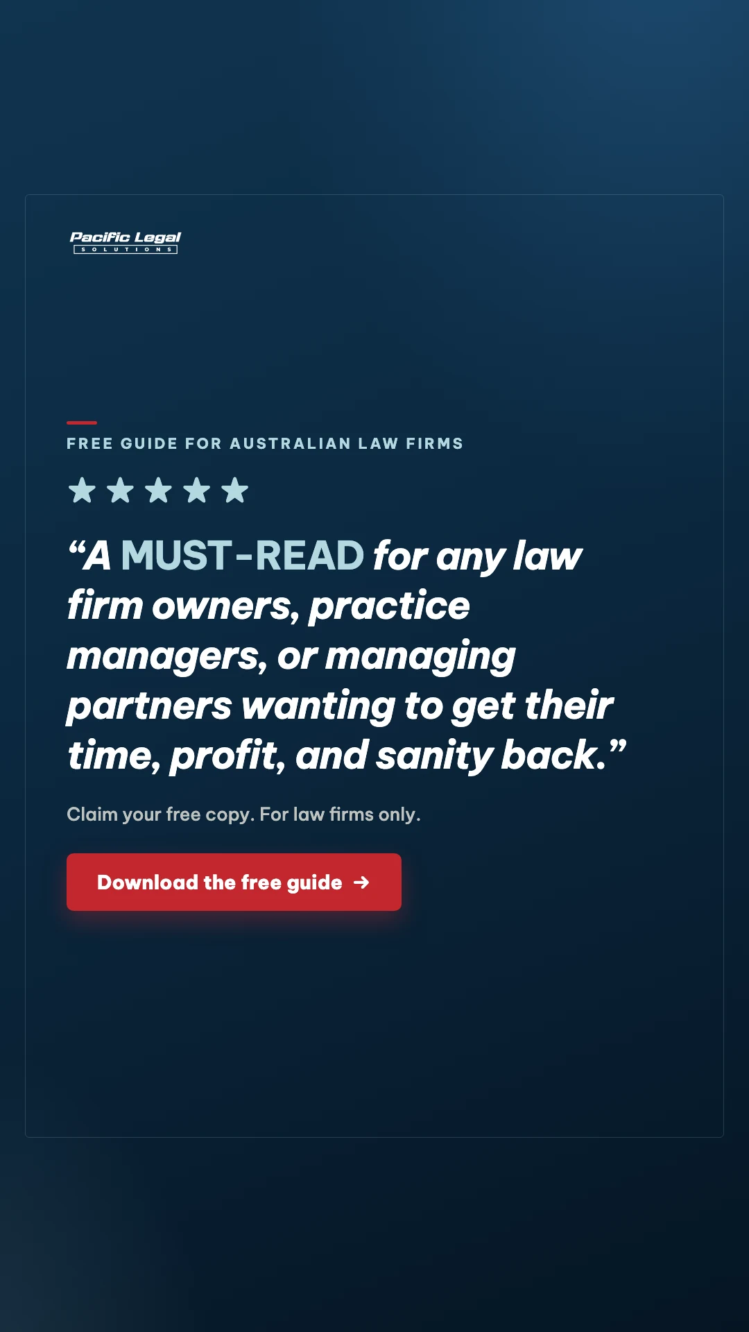Navy quote card with five stars: A MUST-READ for any law firm owners, practice managers, or managing partners wanting to get their time, profit, and sanity back.