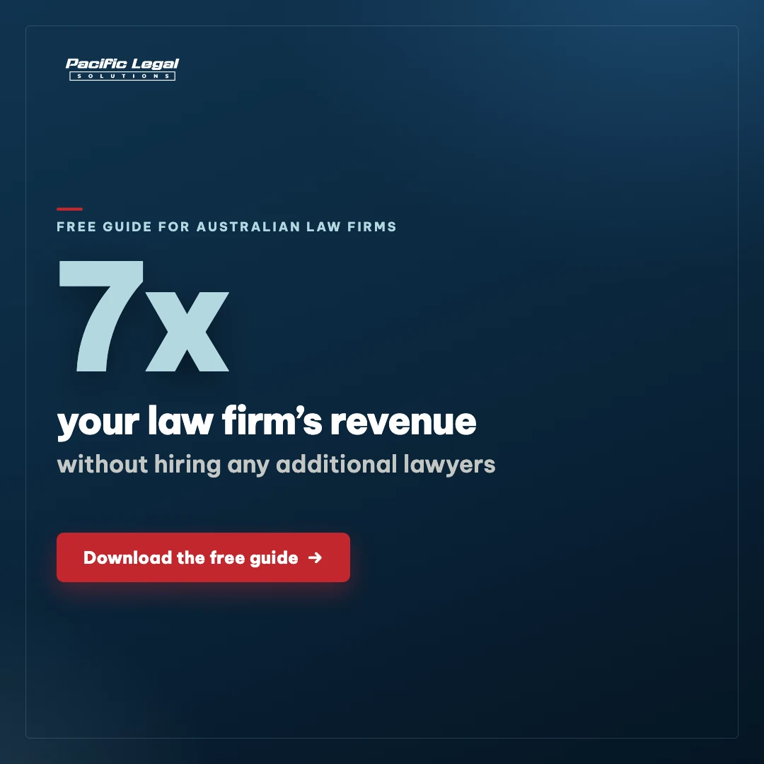Navy statement card with giant 7x: 7x your law firm’s revenue without hiring any additional lawyers.