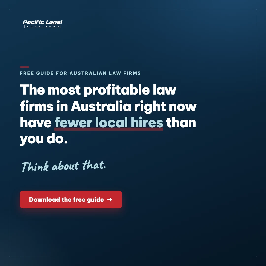 Navy statement card: The most profitable law firms in Australia right now have fewer local hires than you do. Think about that — in handwritten script.