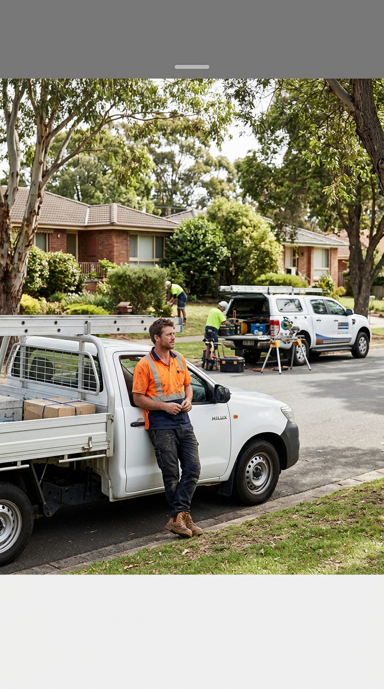 Australian tradesman beside quiet ute on suburban street, busier tradesman working across the road