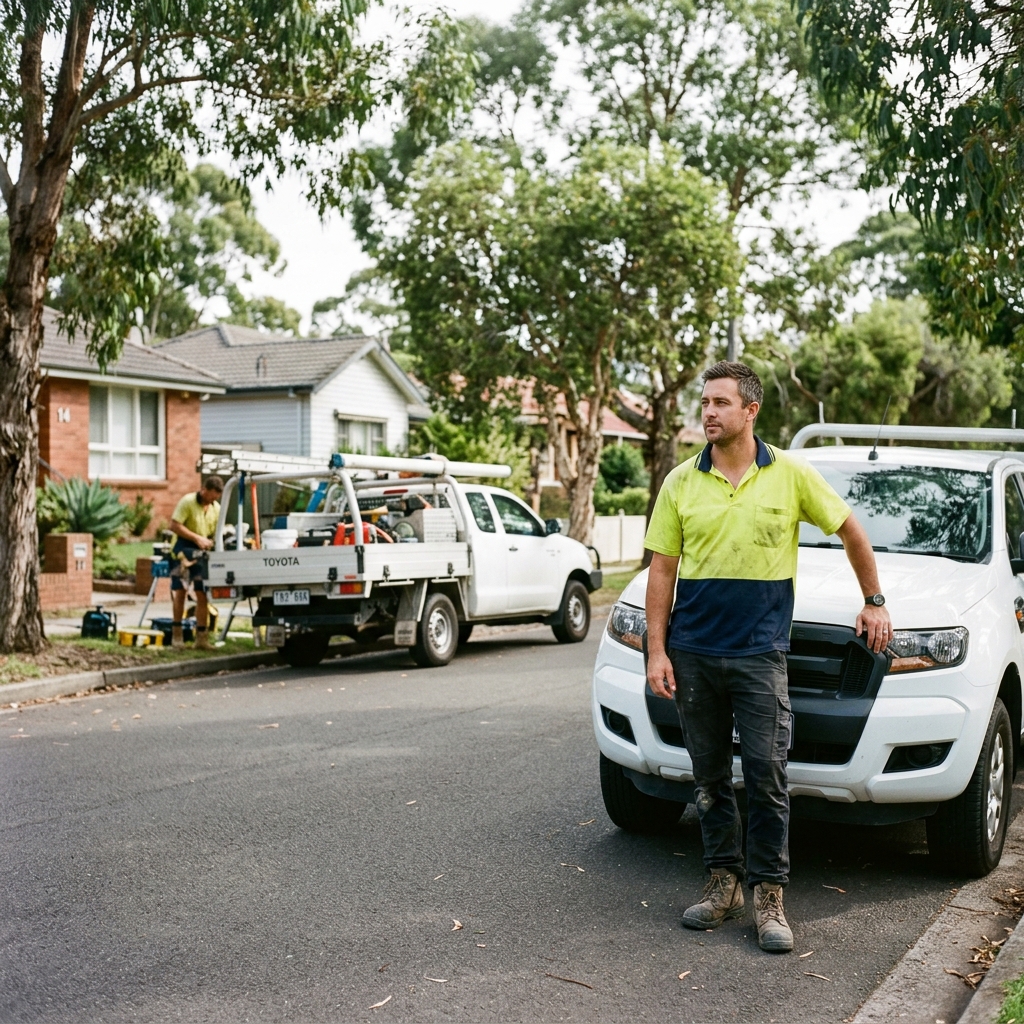 Australian tradesman beside quiet ute on suburban street, busier tradesman working across the road