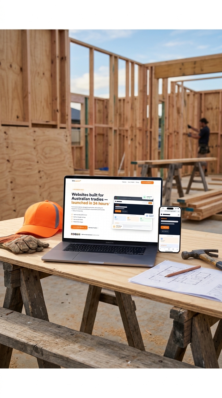 Clean MacBook on tradie workbench showing a tradie website, smartphone alongside with mobile view, hi-vis cap and tools tastefully arranged