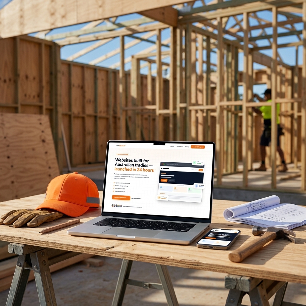 Clean MacBook on tradie workbench showing a tradie website, smartphone alongside with mobile view, hi-vis cap and tools tastefully arranged