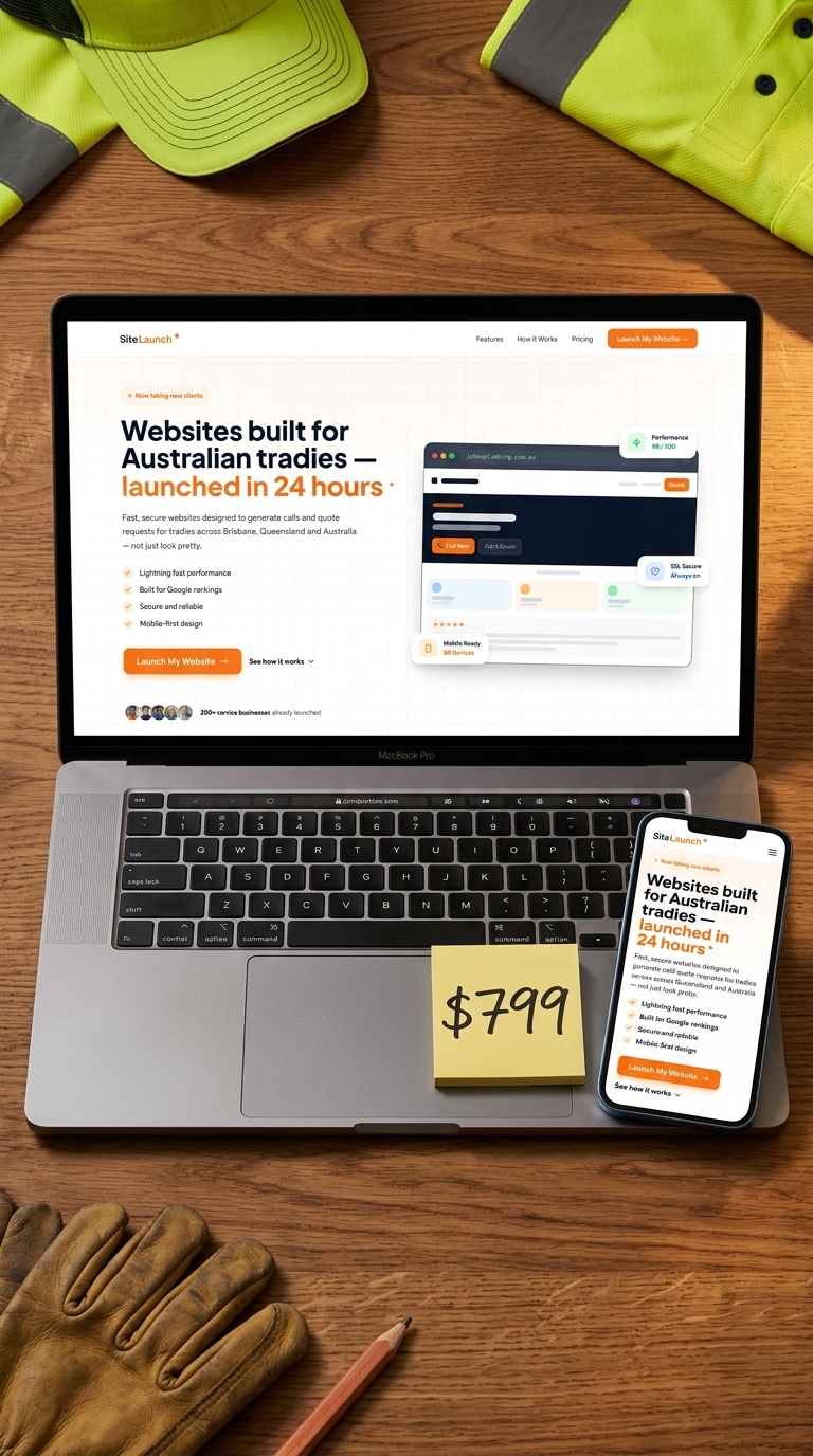 Tradesman sitting on ute tray holding a tablet showing a clean tradie website, $799 Post-it and hi-vis lanyard beside