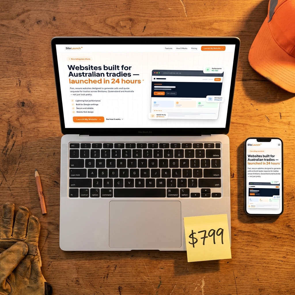 Tradesman sitting on ute tray holding a tablet showing a clean tradie website, $799 Post-it and hi-vis lanyard beside