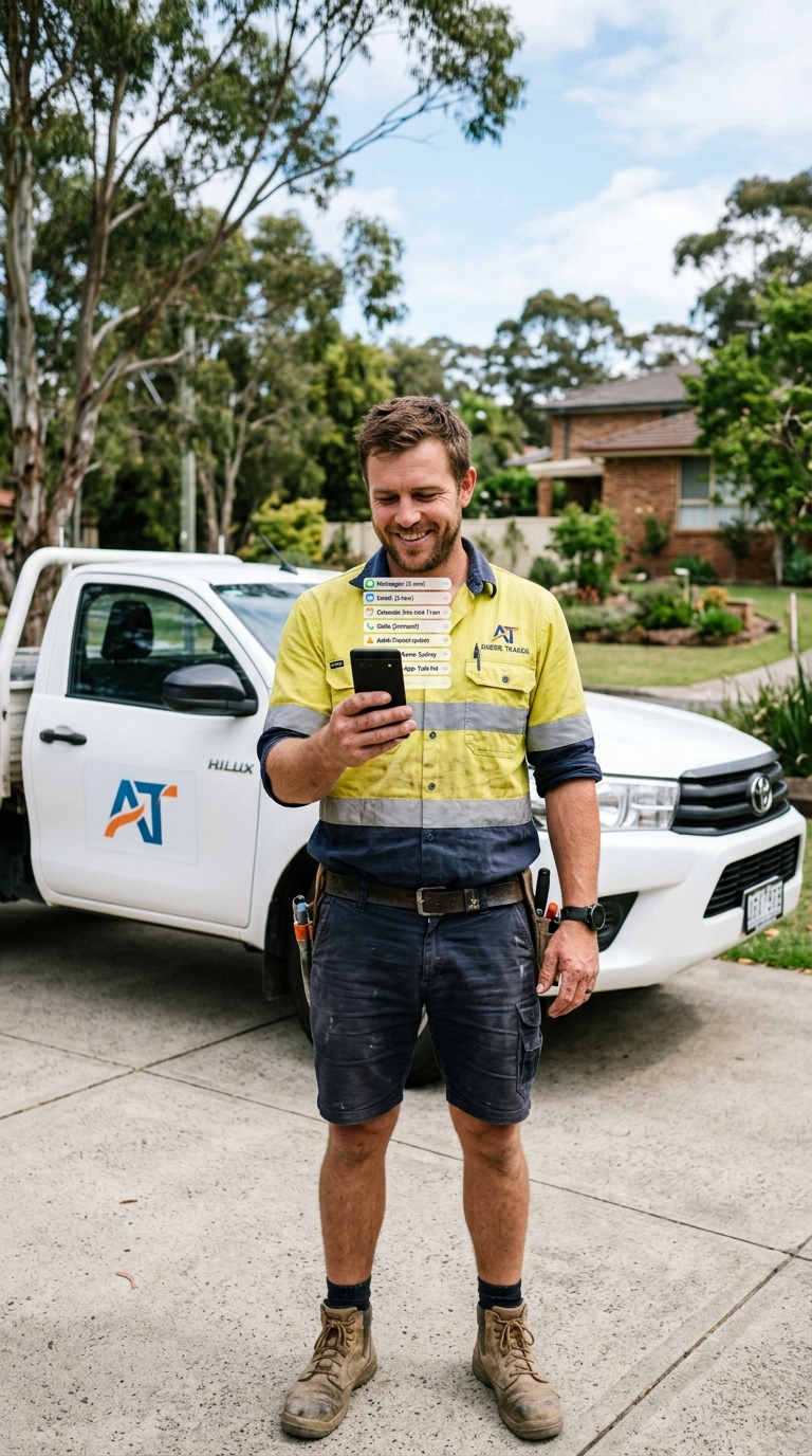 Australian tradesman in front of branded ute, smiling at phone showing new enquiry notifications