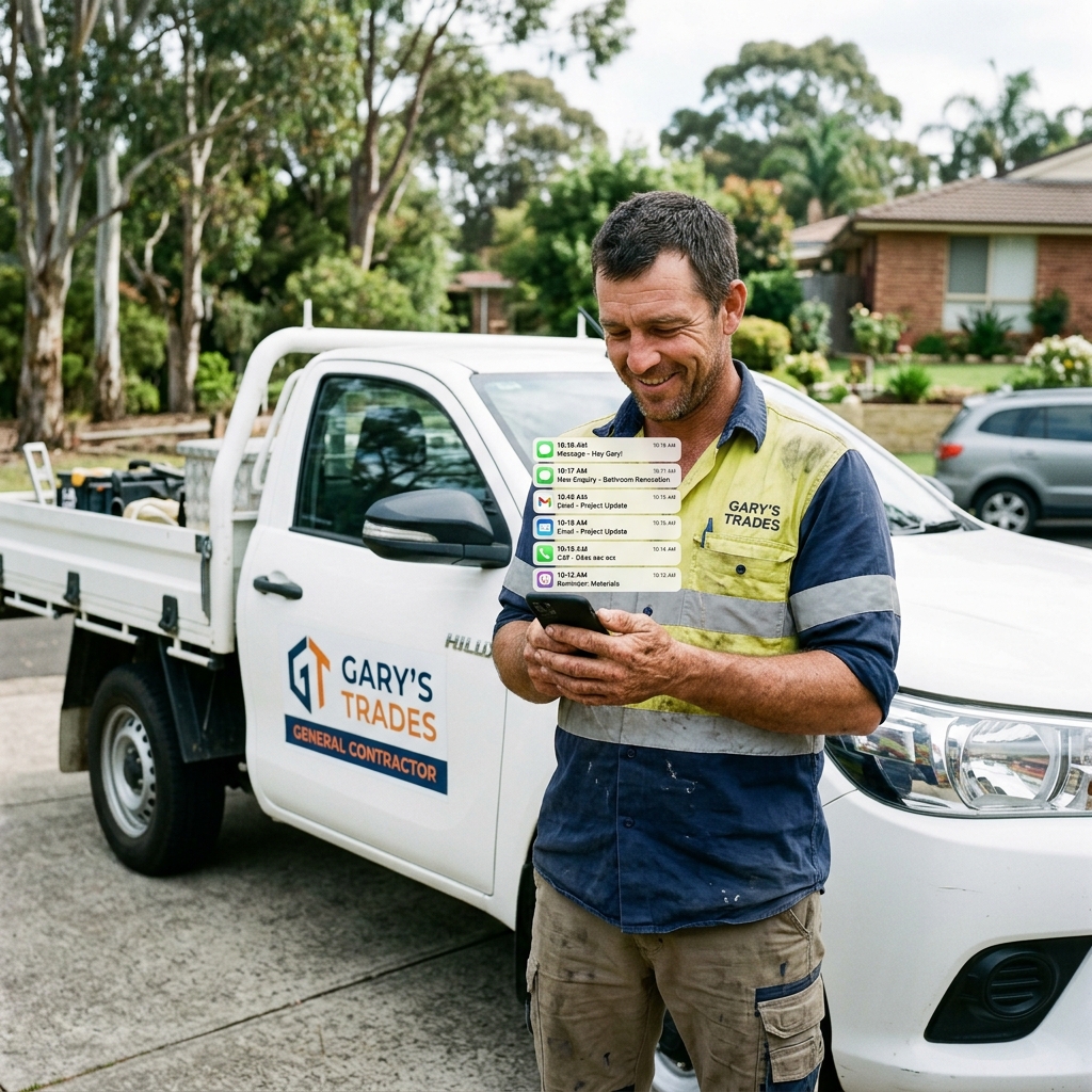 Australian tradesman in front of branded ute, smiling at phone showing new enquiry notifications