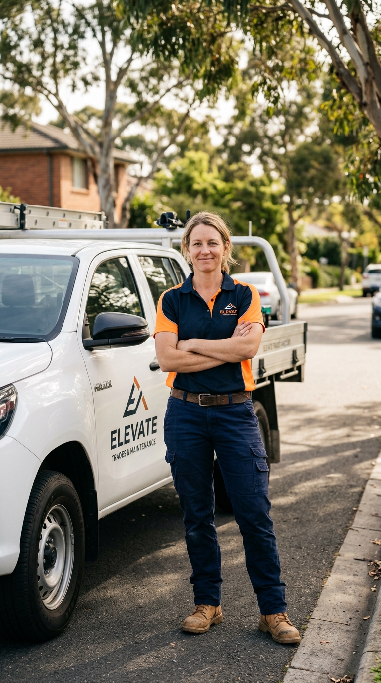 Confident Australian tradeswoman business owner in hi-vis polo beside branded work ute on suburban street