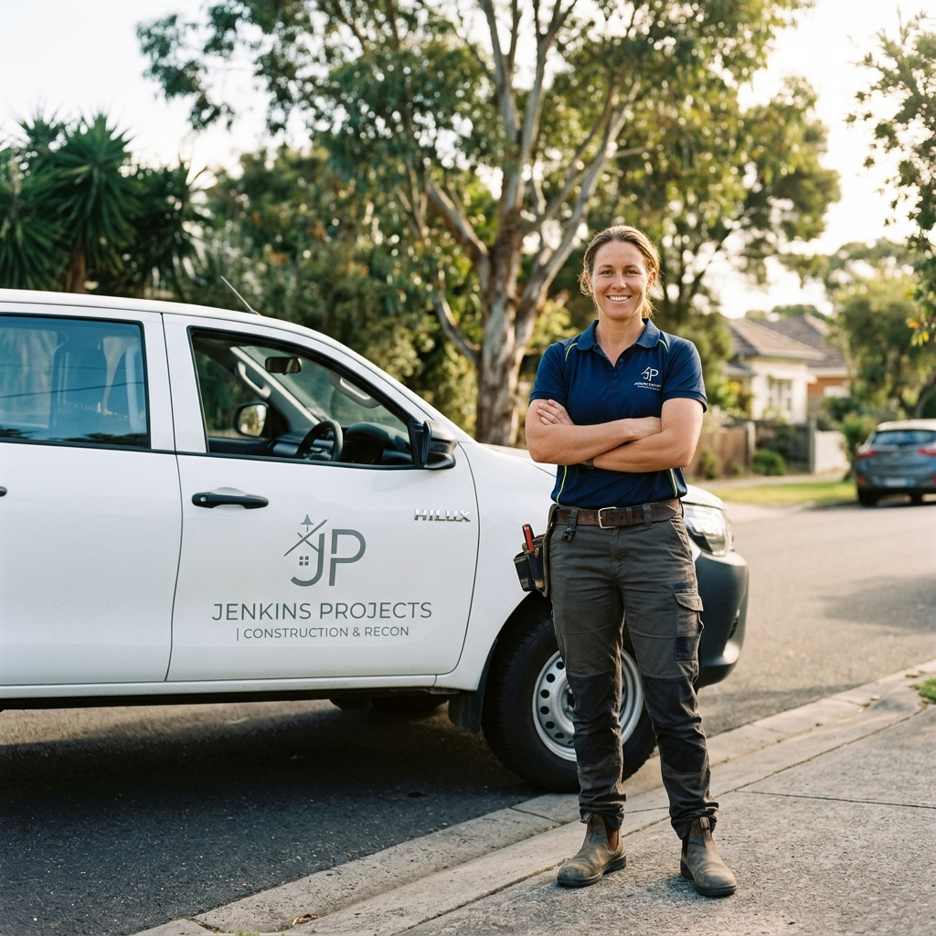 Confident Australian tradeswoman business owner in hi-vis polo beside branded work ute on suburban street