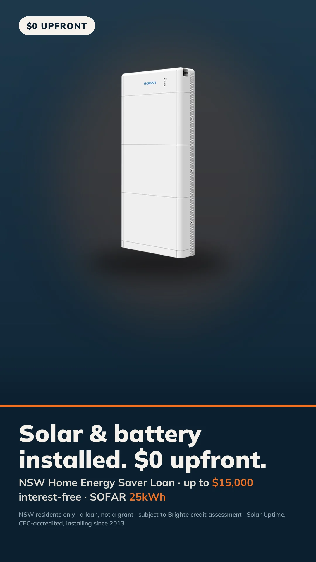 SOFAR home battery product hero on a deep navy studio background