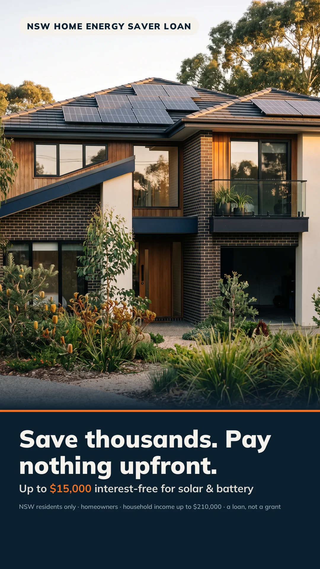 Modern Australian family home at golden hour with rooftop solar panels