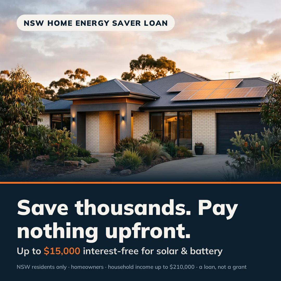Modern Australian family home at golden hour with rooftop solar panels